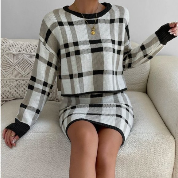 plaid print knit sweater and skirt